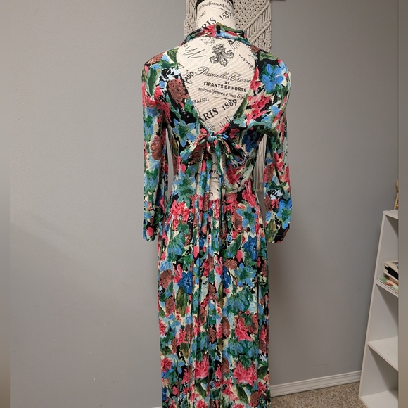 ZARA Floral Midi Dress Watercolor Small 3/4 Sleeve Bow Back Halter High Neck - Picture 4 of 5